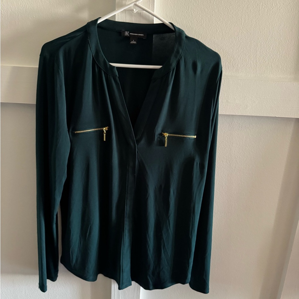 INC International Concepts Forest Green Blouse with Pocket Zip